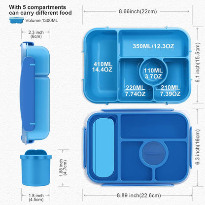 Bento Box Lunch Box Kids,Lunch Containers for Kids/Toddler,5 Compartments Bento Lunch Box for Kids with Sauce Vontainers,Microwave & Dishwasher & Freezer Safe,Bpa-Free(Blue)